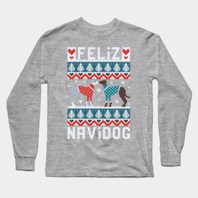 Feliz Navidog witty wordplay fair isle greyhounds // spot // grey background cute dogs dressed with teal and red knitted Christmas ugly sweaters pixel art Long Sleeve T-Shirt by SelmaCardoso